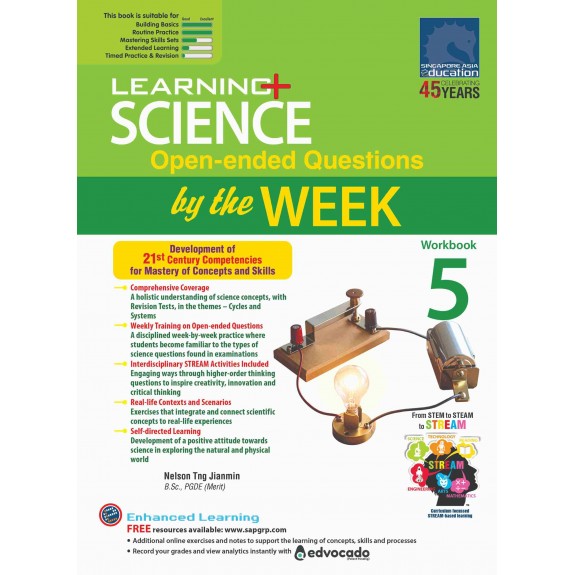 SAP_LEARNING SCIENCE Open-ended Questions by the WEEK Workbook 5 แบบฝึกหัดวิทยาศาสตร์การคิดวิเคราะห์ การแก้ปัญหา และการประยุกต์ใช้ความรู้ในสถานการณ์จริง ผ่านคำถามแบบปลายเปิด สำหรับชั้นประถมศึกษาปีที่ 5